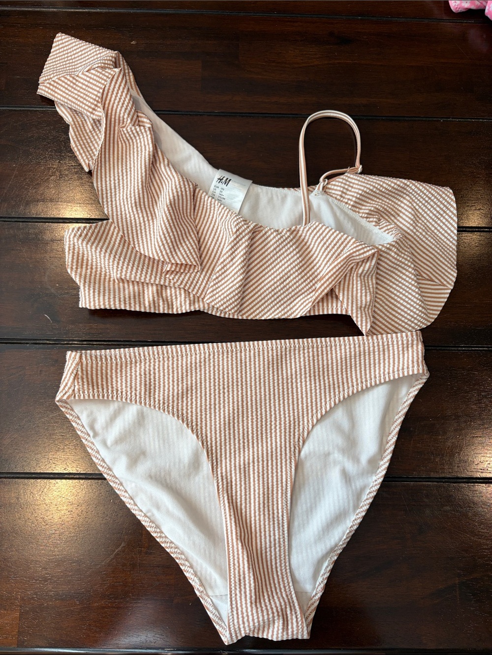 H&M teen size 14y beige and White One-Shoulder Ruffle seersucker Bikini Set